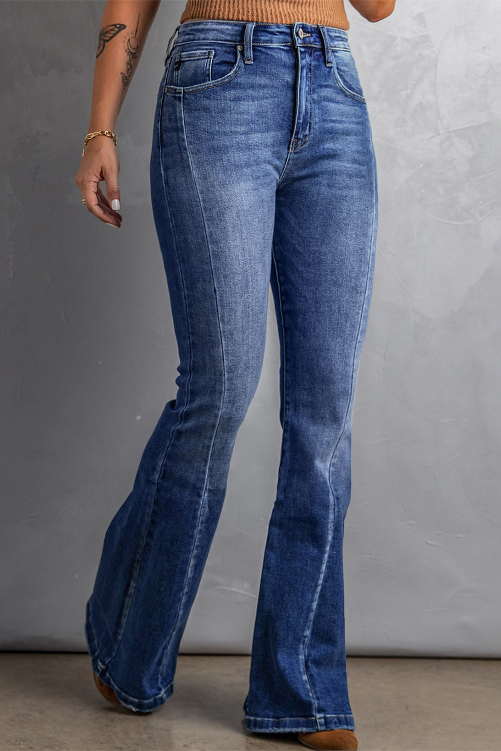 Plus Size Stitching Washed Flare Jeans | Dark Blue