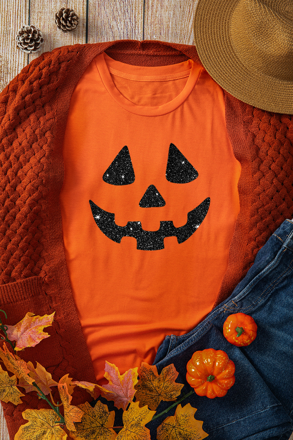 Glittering Pumpkin Face Graphic Crewneck T Shirt | Orange