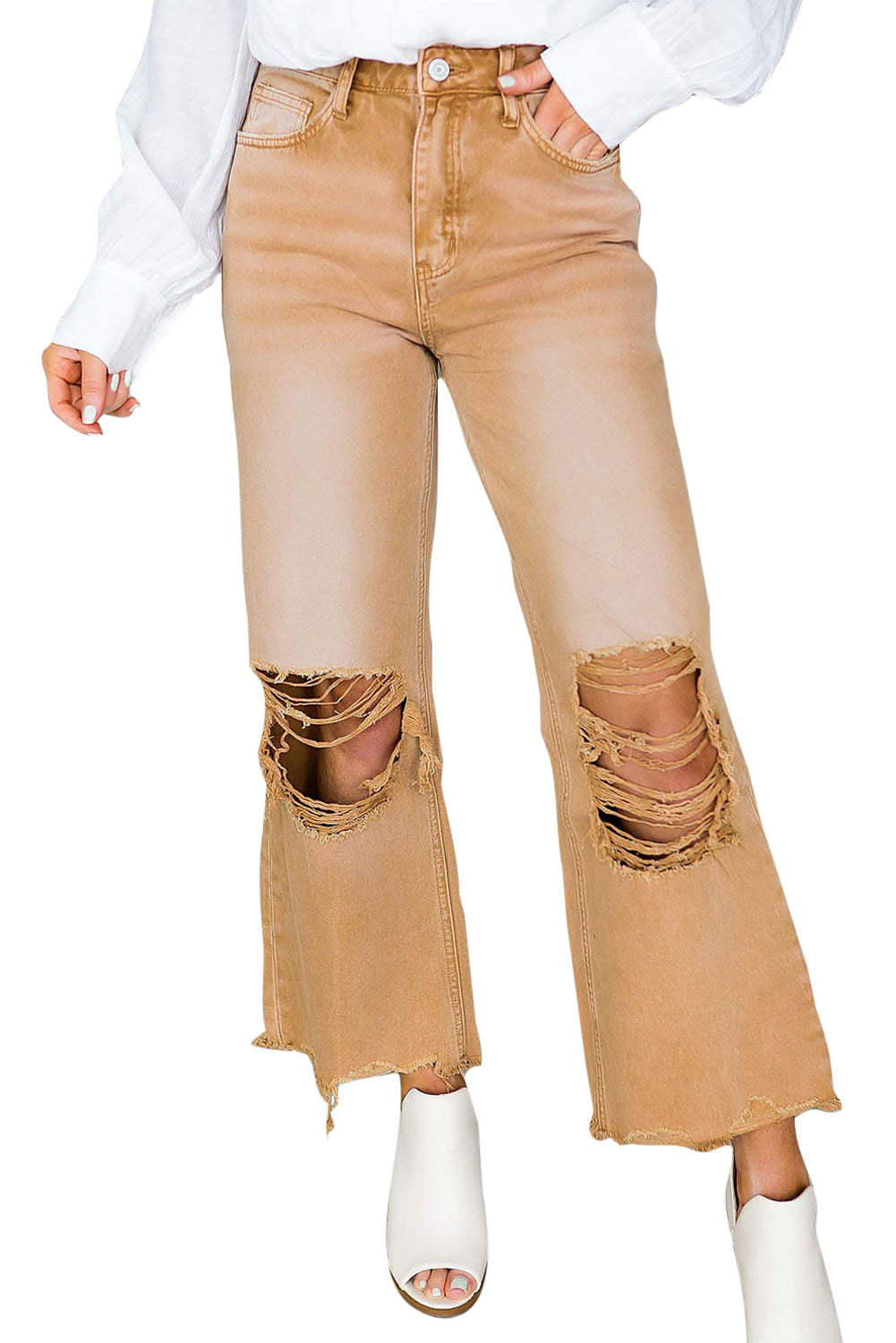 Distressed Hollow-Out High Waist Cropped Flare Jeans | Brown