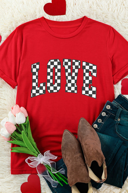 Checkered Love Letter Graphic Valentines T Shirt | Red