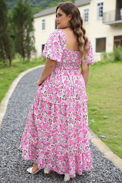 Plus Size Floral Print Smocked Puff Sleeve Dress | Pink