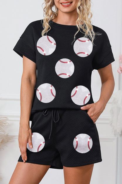 Trendy Texture Sequin Baseball Graphic Short 2Pcs Set | Black