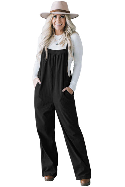 Solid Pocketed Loose Fit Corduroy Overall | Black