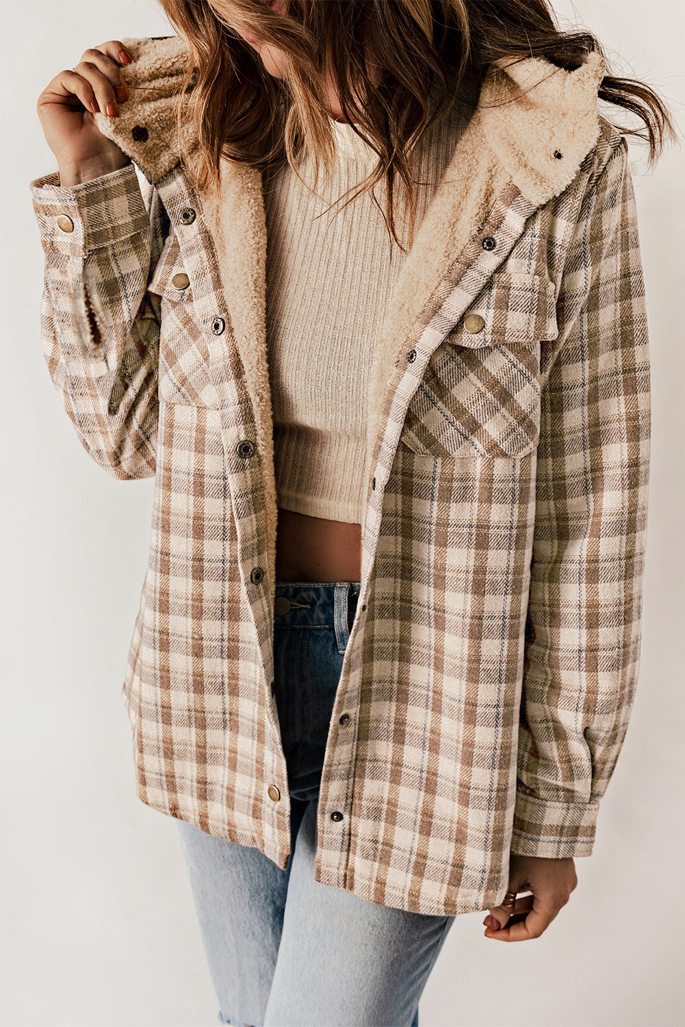 Plaid Pattern Sherpa Lined Hooded Shacket | Khaki