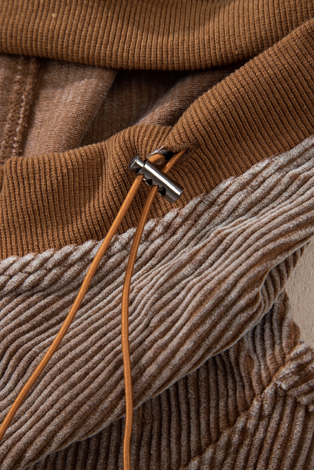 Half Zipper Kangaroo Pocket Drawstring Corduroy Hoodie | Chestnut