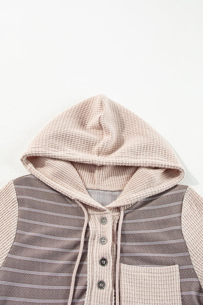 Textured Knit Colourblock Striped Henley Hooded Top | Gray