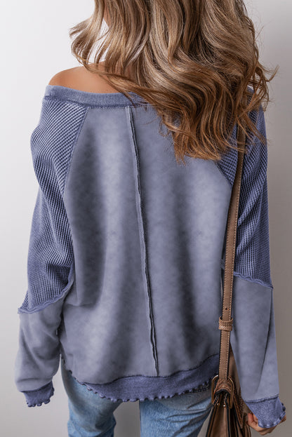 Solid Waffle Knit Patchwork Raglan Sleeve Sweatshirt | Sail Blue