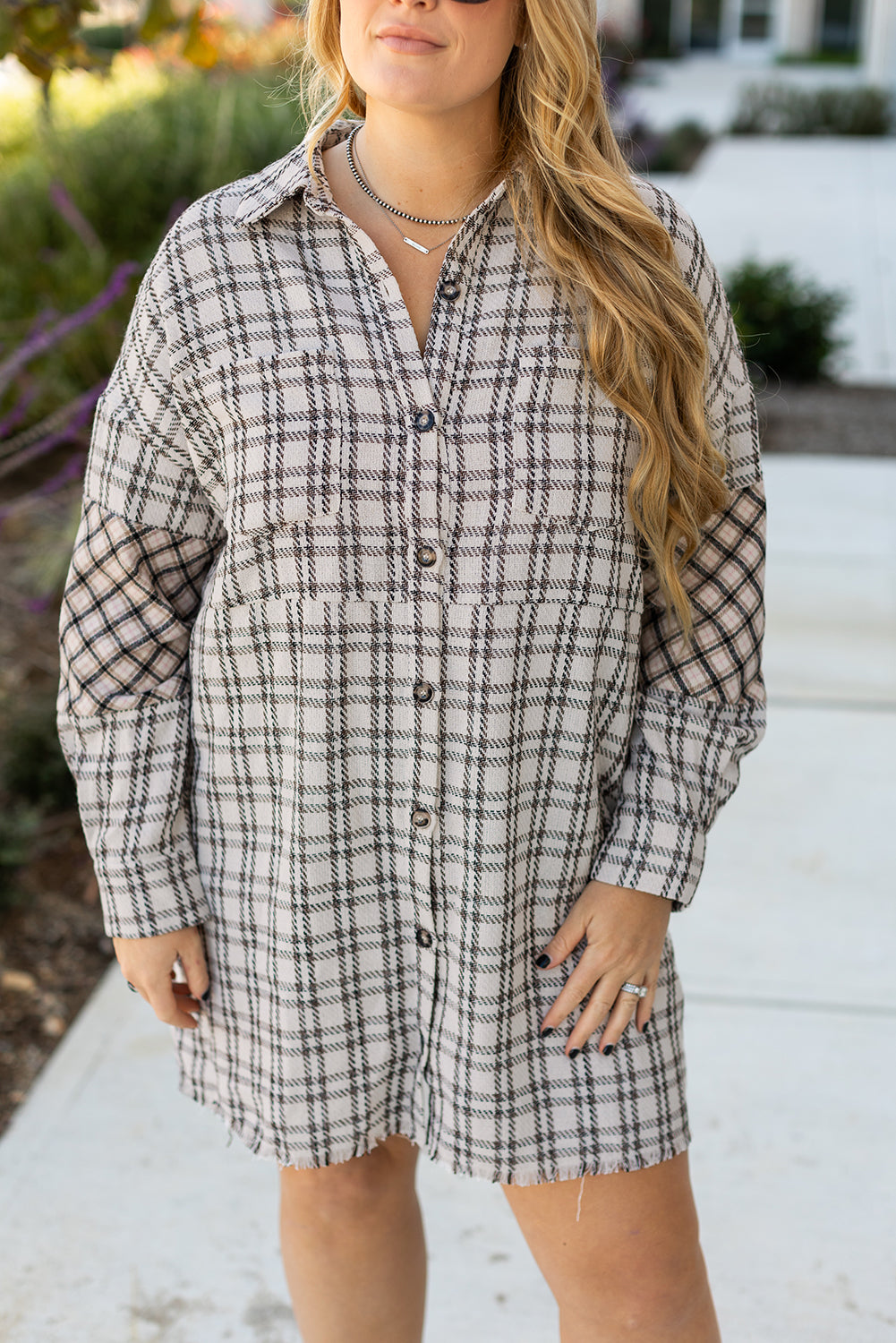 Plus Size Plaid Buttoned Raw Hem Tunic Shirt Dress | White Stripe