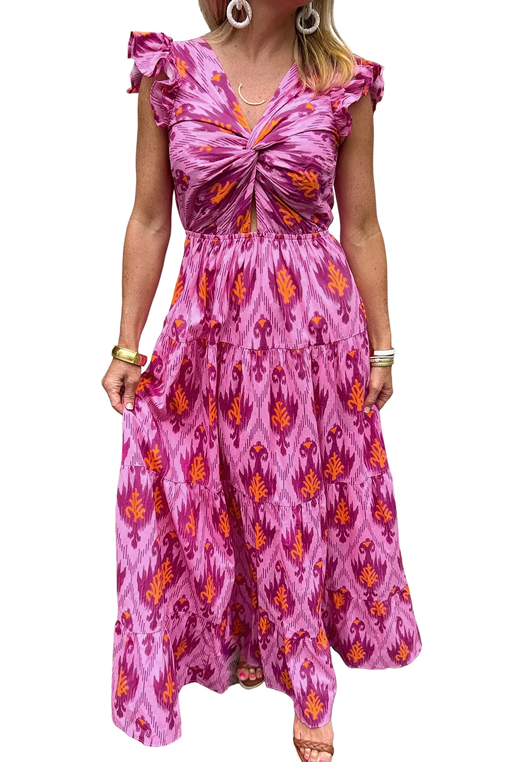 Retro Print Twisted Front Ruffled Sleeve Maxi Dress | Bonbon