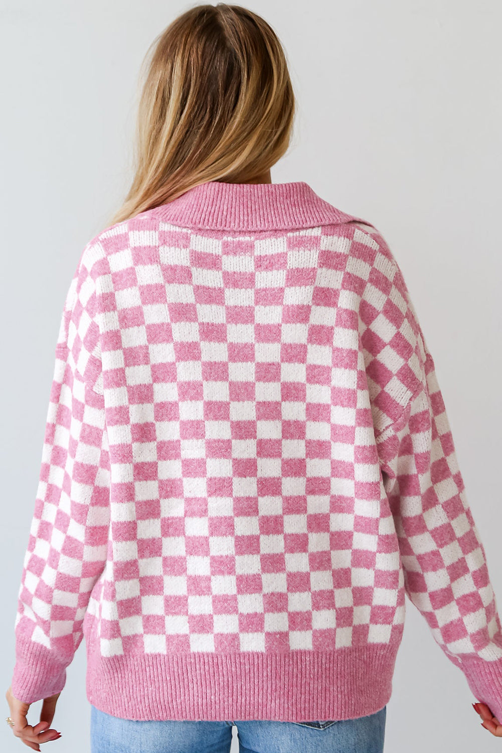 Checkered Buttons Collar V Neck Drop Shoulder Sweater | Pink