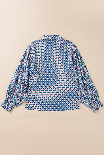 Abstract Print Shirred Cuff Buttoned Oversized Shirt | Sky Blue