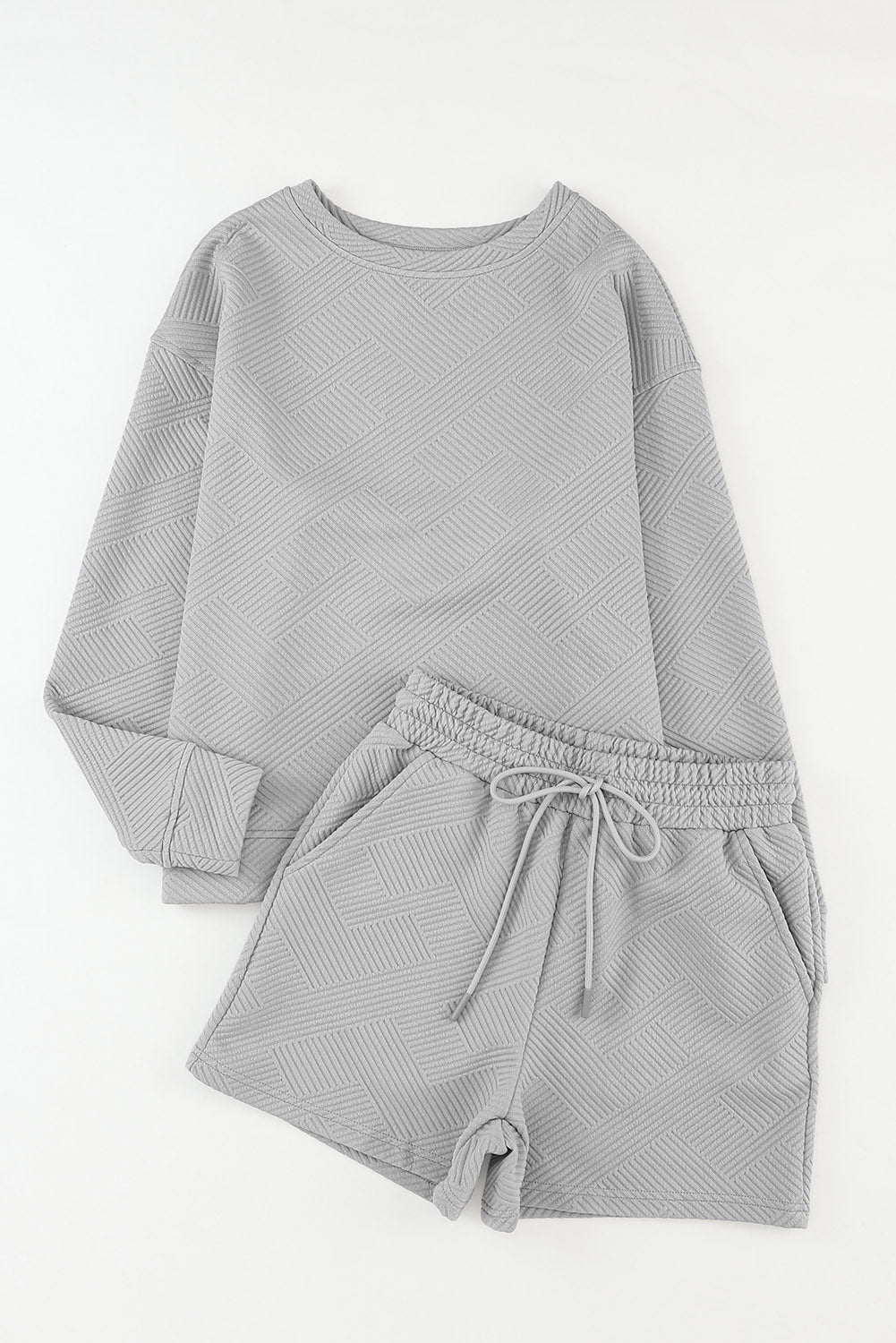 Textured Long Sleeve Top And Drawstring Shorts Set | Gray