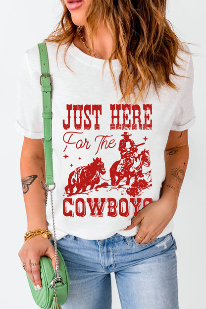 Just Here For The Cowboy Cuffed Sleeve Crew Neck T Shirt | White