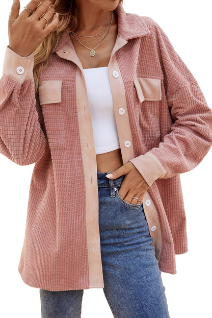 Flap Pockets Drop Shoulder Textured Shacket | Peach Blossom