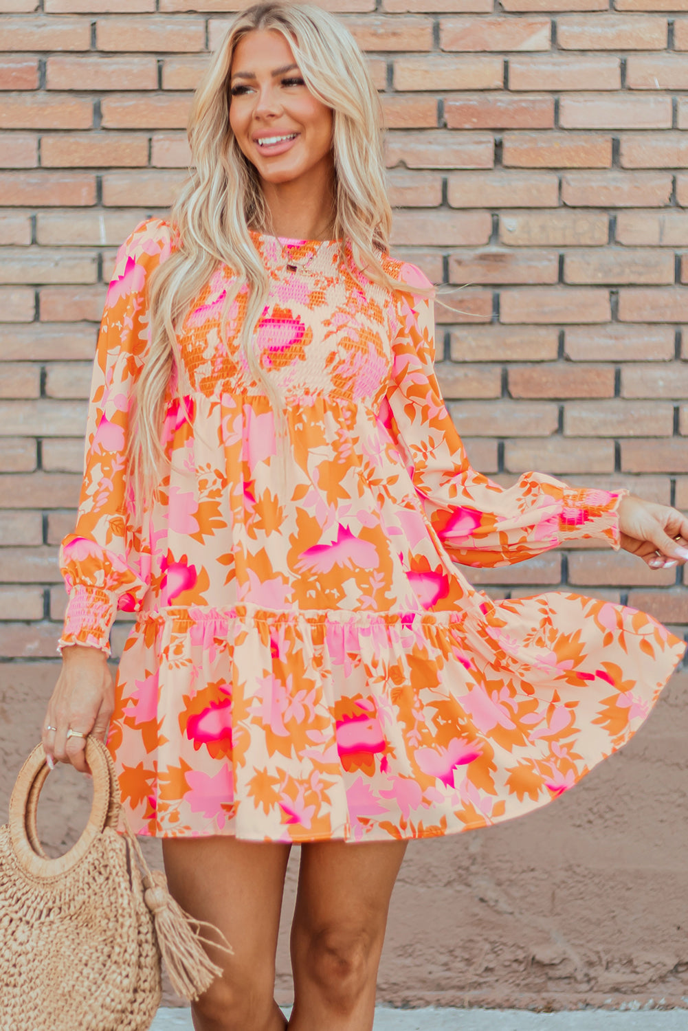 Abstract Print Smocked Lantern Sleeve Ruffle Mini Dress | Orange