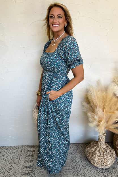 Vintage Boho Floral Smocked Short Puff Sleeve Wide Leg Jumpsuit | Blue