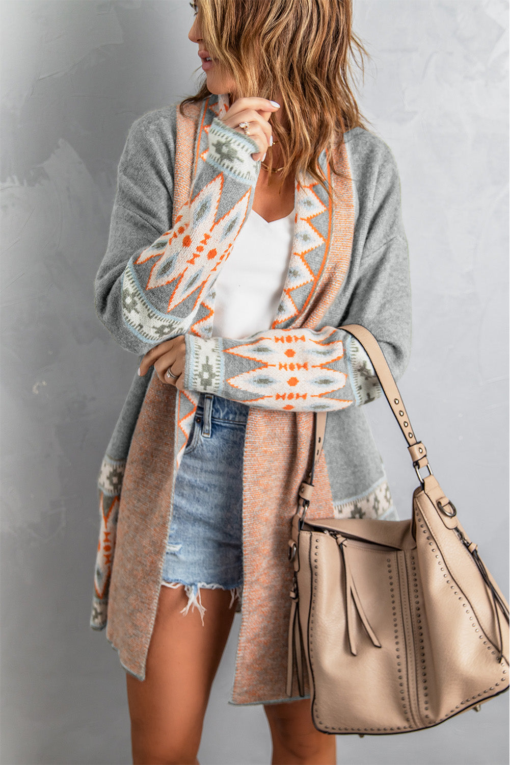 Aztec Print Open Front Knitted Cardigan | Gray