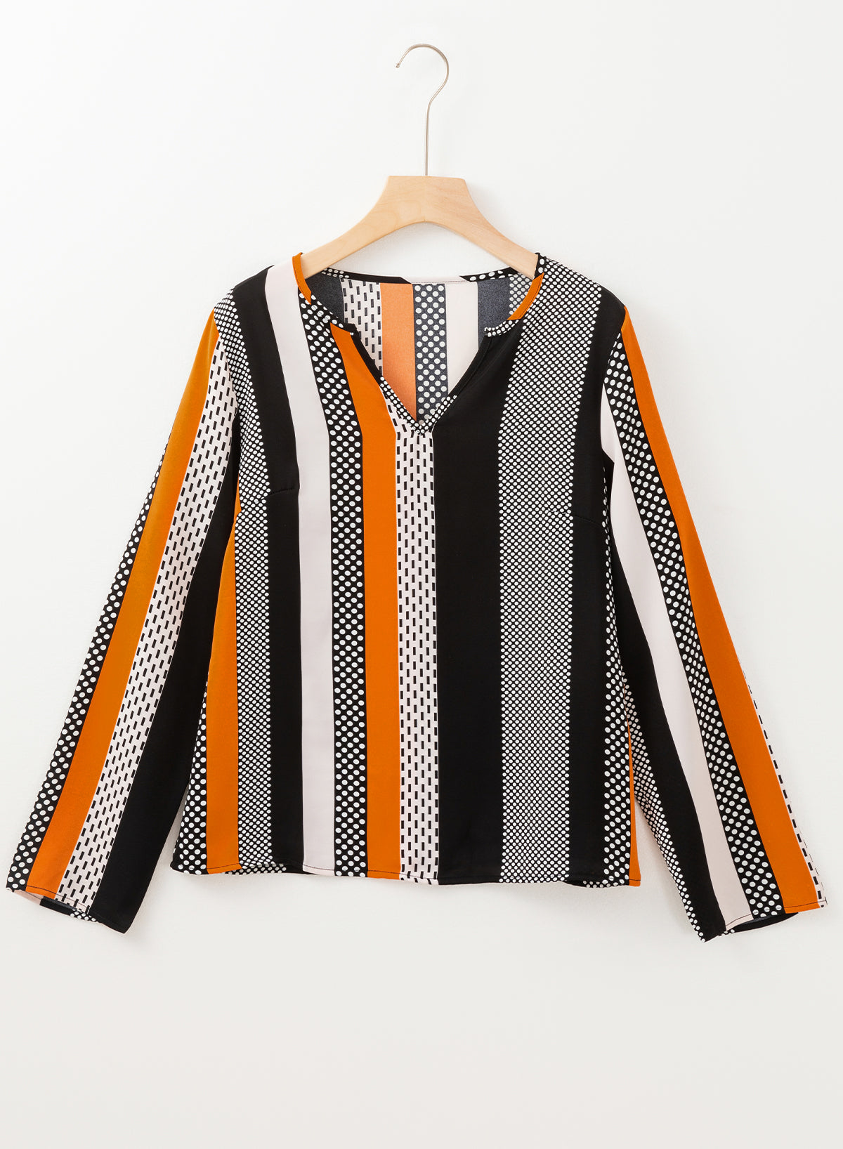 Geo Print Colourblock Notched V Neck Blouse | Orange