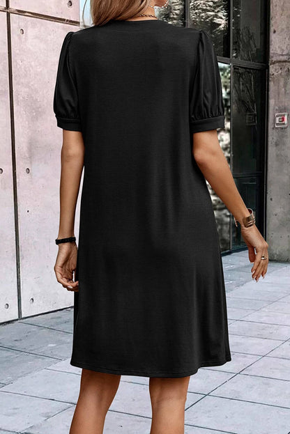 Notched Neck Pleated Puff Sleeve Shift T-Shirt Dress | Black