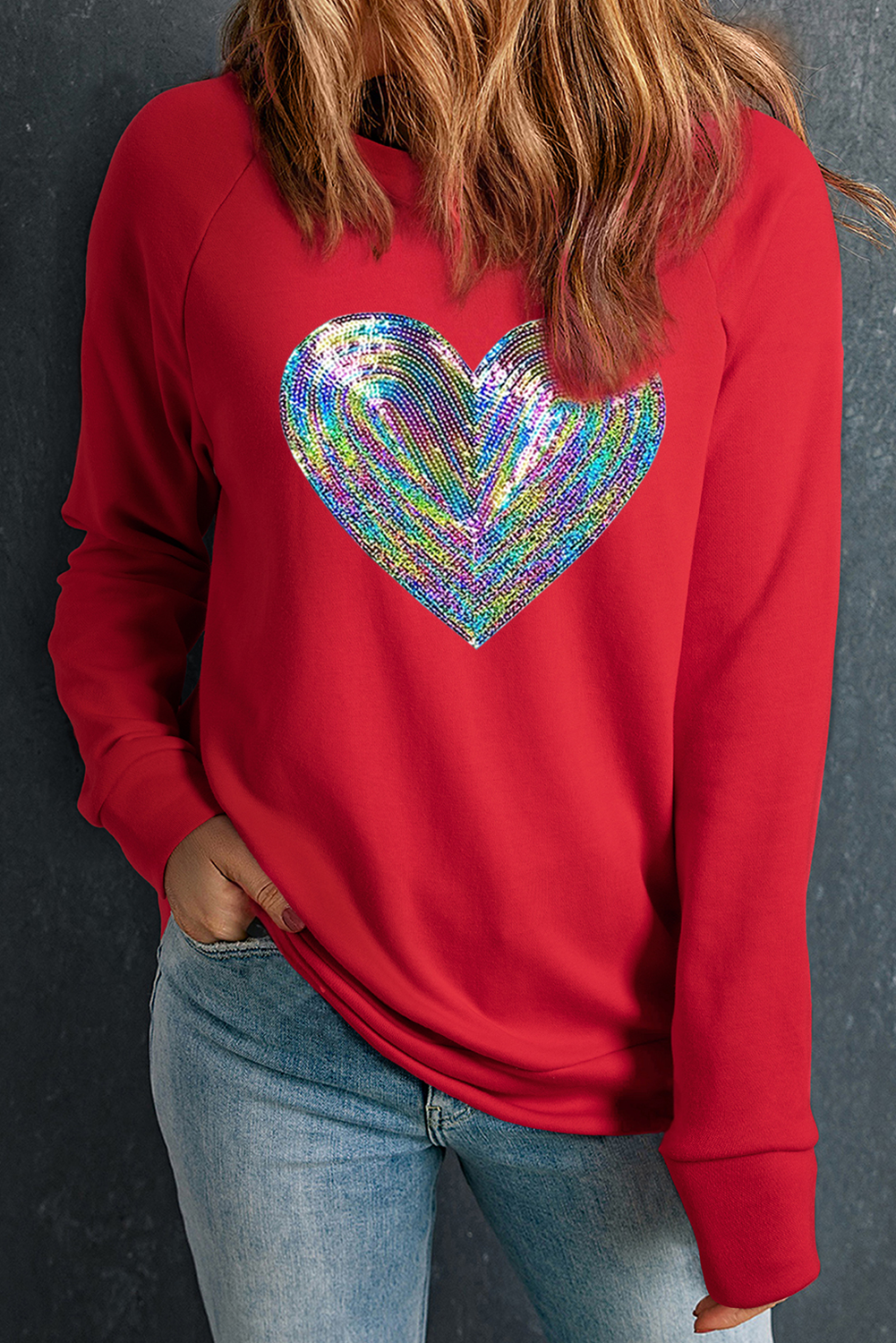 Bold Sequin Heart Crewneck Valentines Pullover Sweatshirt | Red