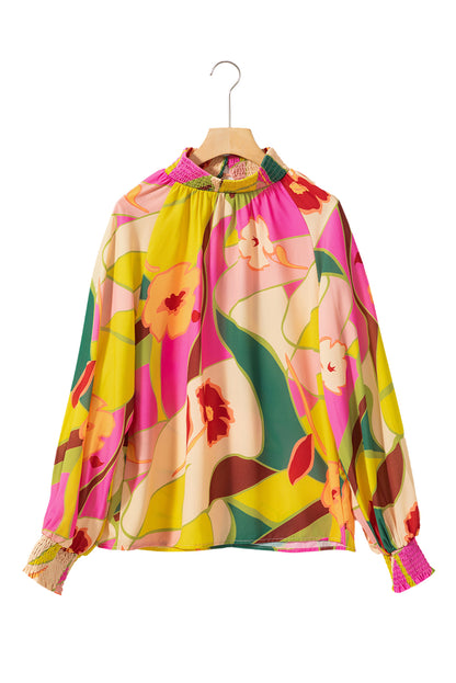 Floral Print Smocked Hem Stand Neck Blouse | Multicolour