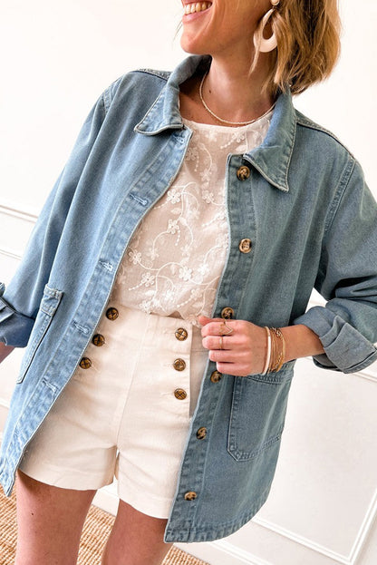 Slit Buttons Pocketed Denim Jacket | Dusk Blue