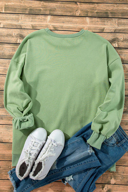 Solid Fleece Lined Drop Shoulder High Low Sweatshirt | Grass Green