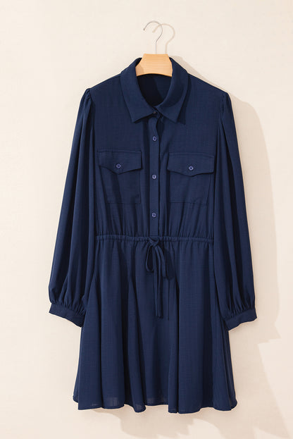 Solid Chest Pockets Tunic Shirt Mini Dress | Navy Blue