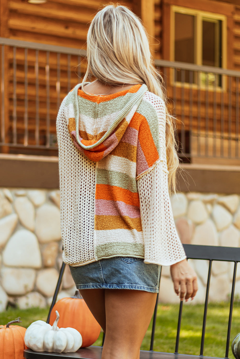 Oversized Colourblock V Neck Hooded Sweater | Beige