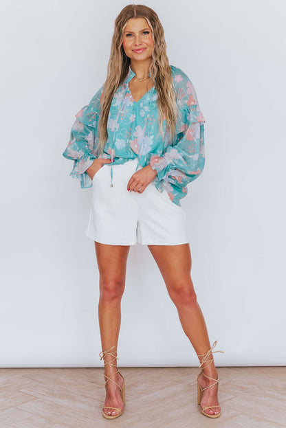 Floral Split Neck Ruffled Puff Sleeve Blouse | Sky Blue