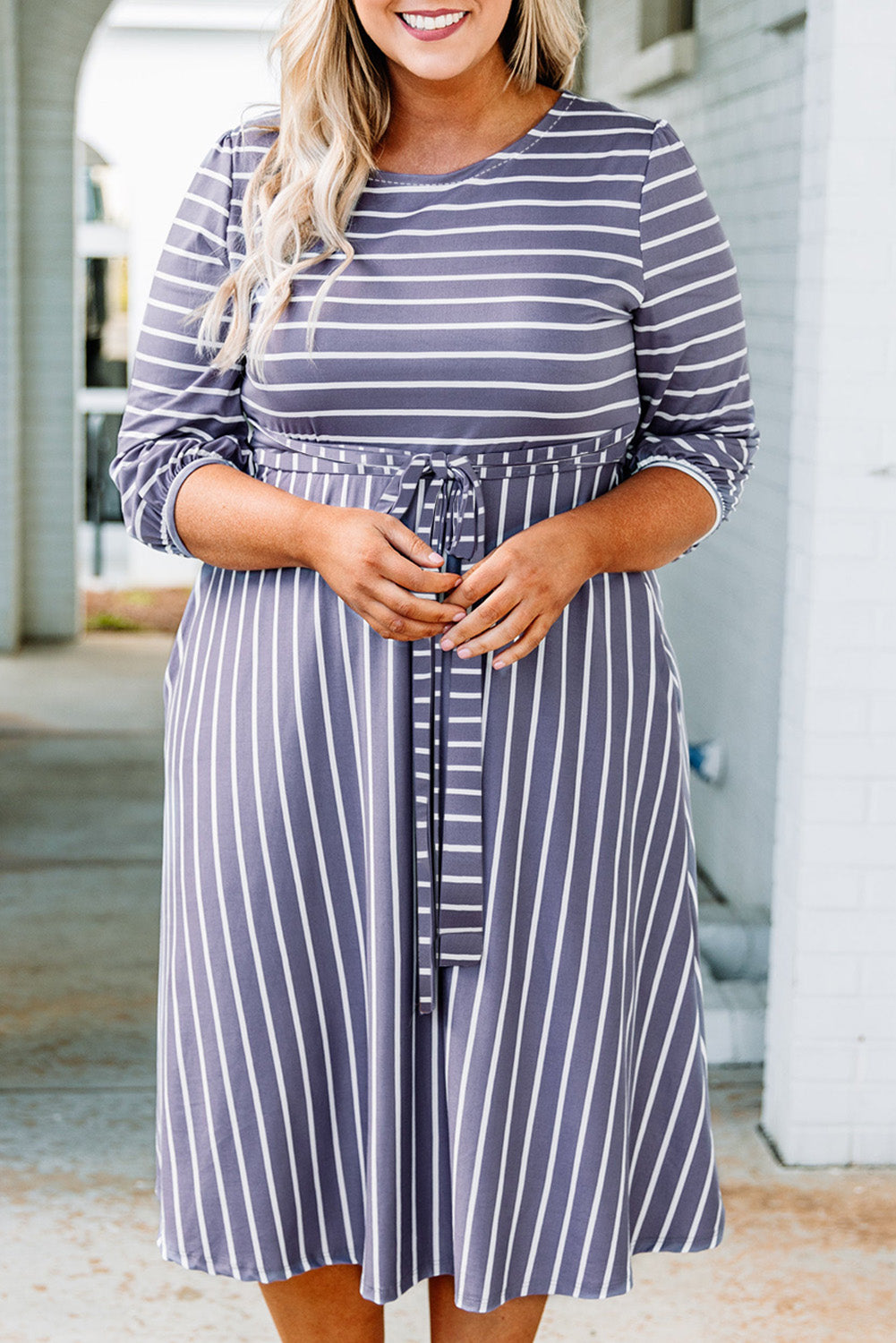 Striped Tie Waist 3/4 Sleeve Plus Size Dress | Gray