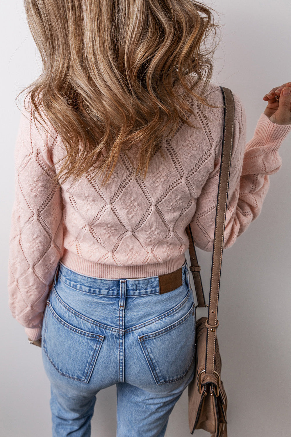 Openwork Plaid Puff Sleeve Cropped Sweater | Gossamer Pink