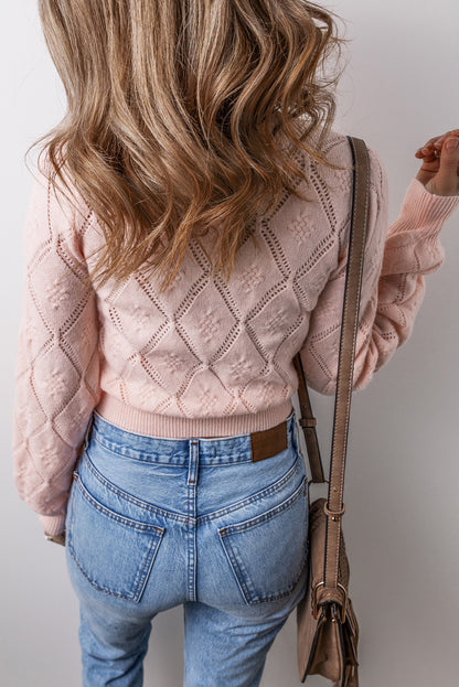 Openwork Plaid Puff Sleeve Cropped Sweater | Gossamer Pink