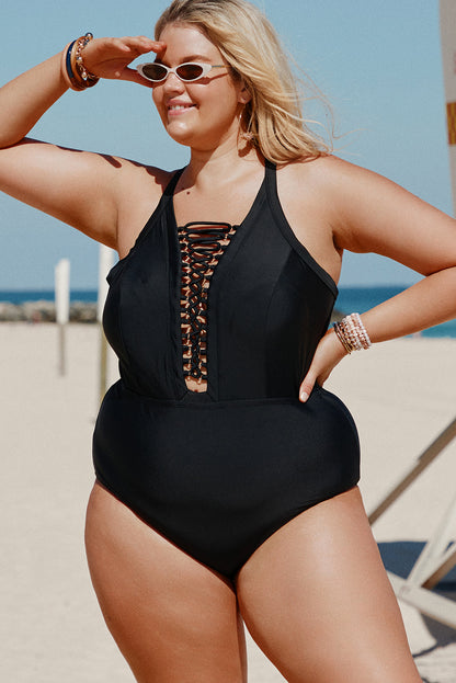 Solid  Crisscross Plunge V Neck Plus Maillot Swimwear | Black