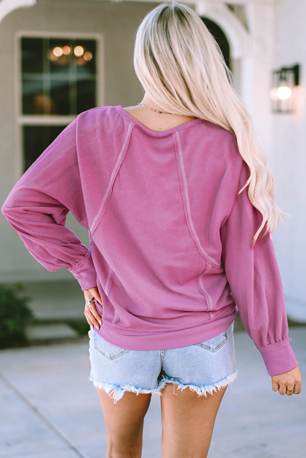 Exposed Seam Round Neck Terry Pullover | Pink