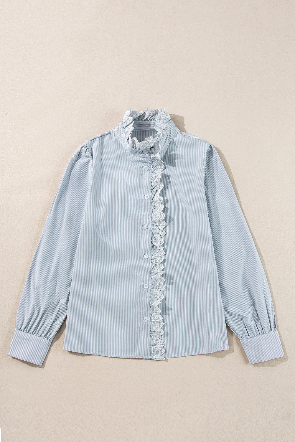 Frilled Trim Button Up Long Sleeve Shirt | Sky Blue Stripe