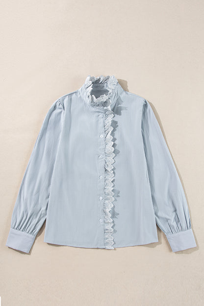 Frilled Trim Button Up Long Sleeve Shirt | Sky Blue Stripe