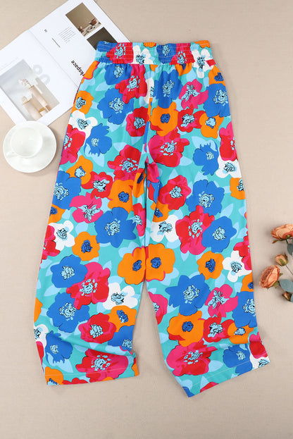 Abstract Floral Print Drawstring Wide Waistband Pants | Multicolour