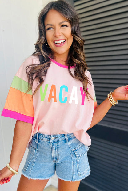 Vacay Printed Colour Block Half Sleeve Graphic T Shirt | Pink