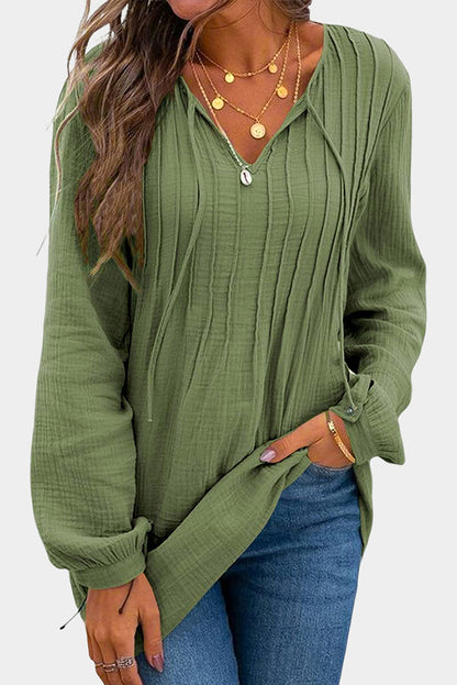 Casual Pleated V Neck Textured Loose Top | Green