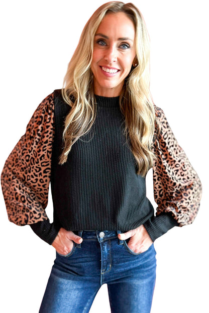 Leopard Print Long Sleeve Ribbed Knit Blouse | Black