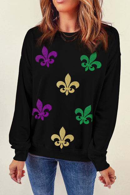 Mardi Gras Fleur De Lis Graphic Round Neck Pullover Sweatshirt | Black