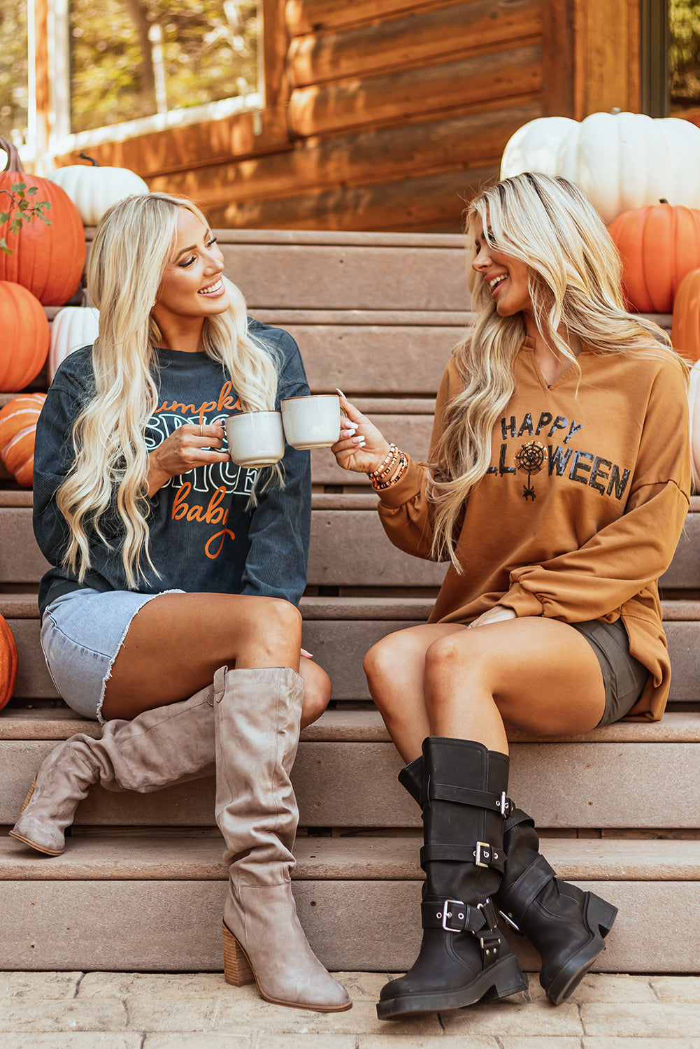 Sequin Happy Halloween Graphic Notched Neck Long Sleeve Loose Top | Chestnut