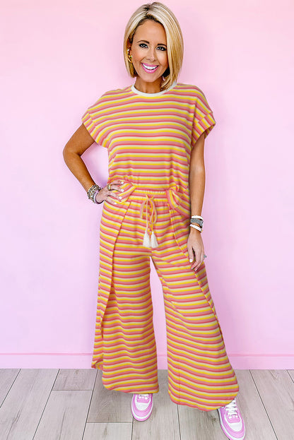 Rainbow Tee Tasseled String Wide Leg Pants Set | Yellow Stripe