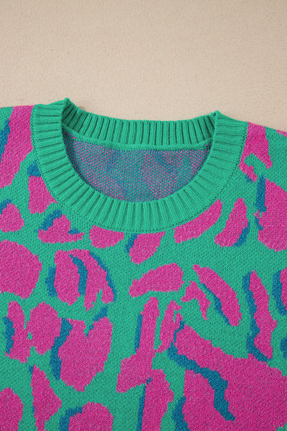 Abstract Print Ribbed Trim Baggy Sweater | Green