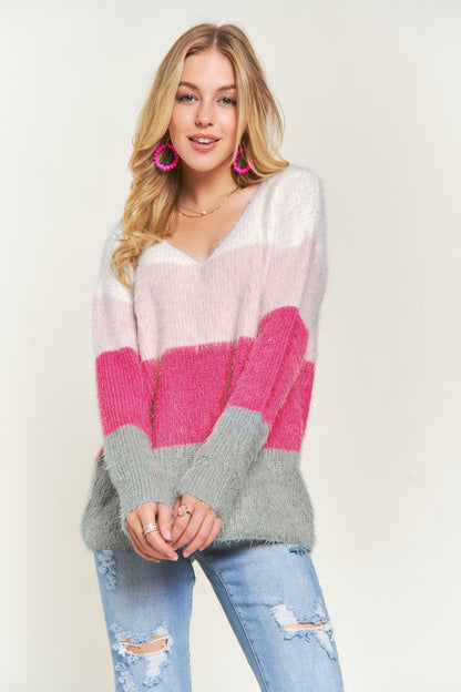 Striped Colour Block Fuzzy V Neck Sweater | Stripes