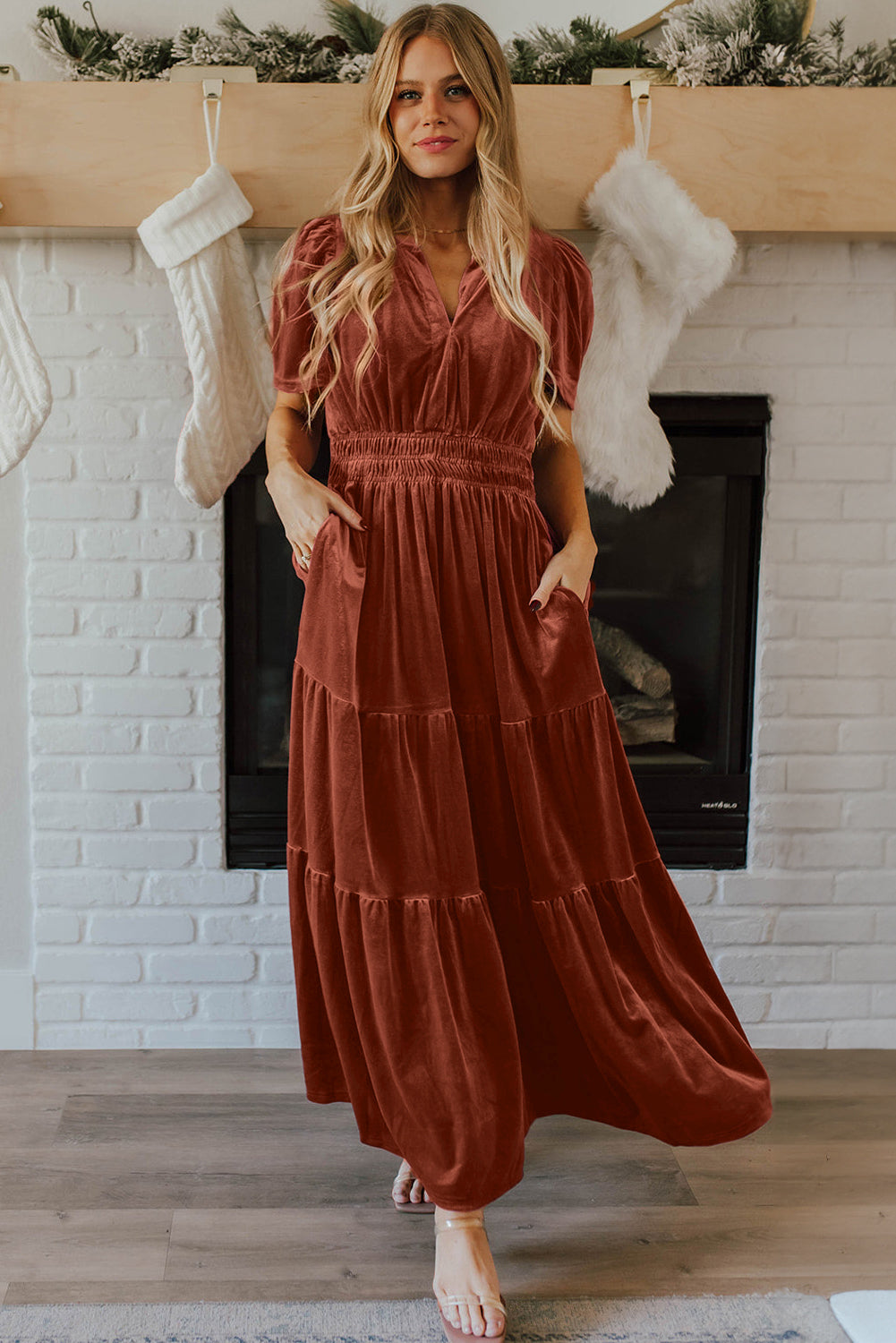 Velvet Short Sleeve Shirred Waist Tiered Maxi Dress | Chestnut