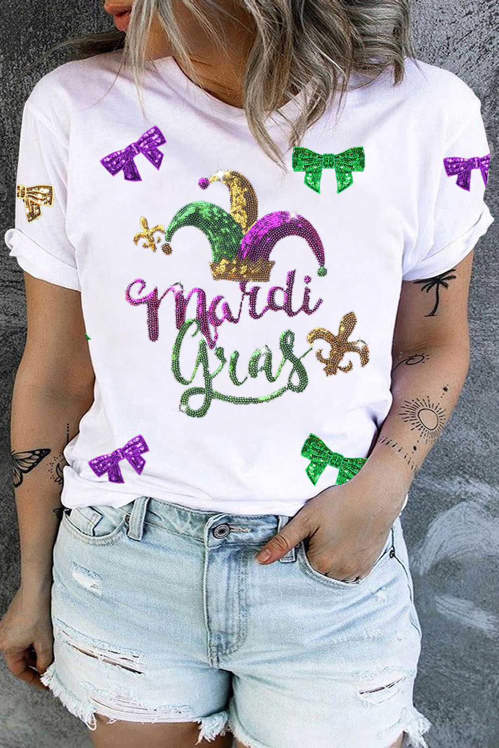 White Sequin Mardi Gras Graphic Plus Size Tee