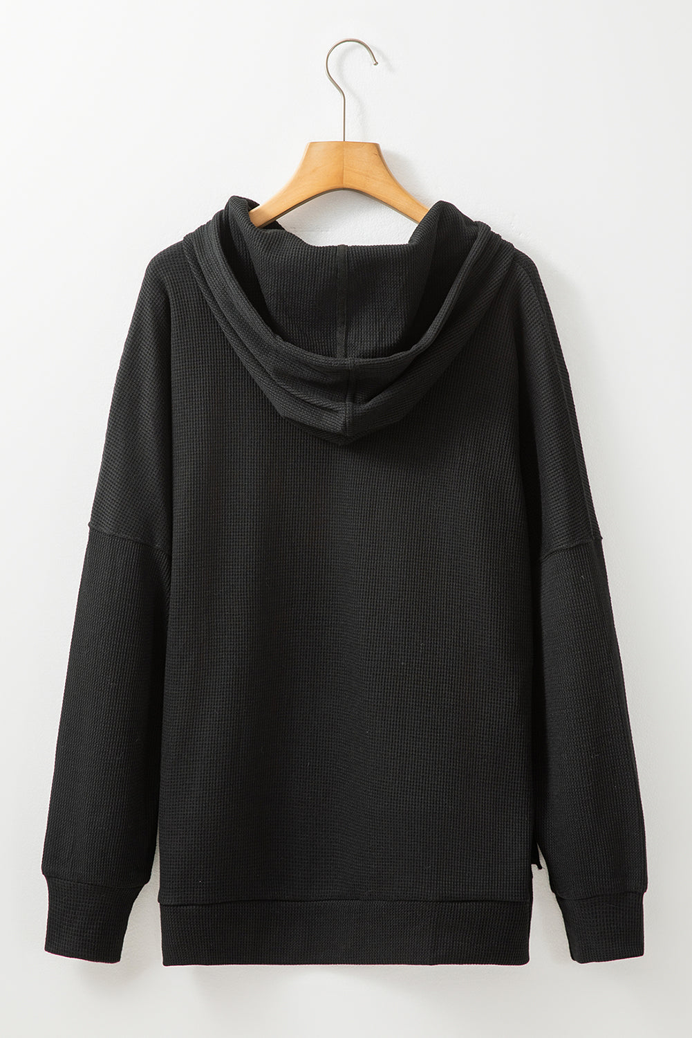 Waffle Knit Fleece Lined High Low Oversized Hoodie | Black