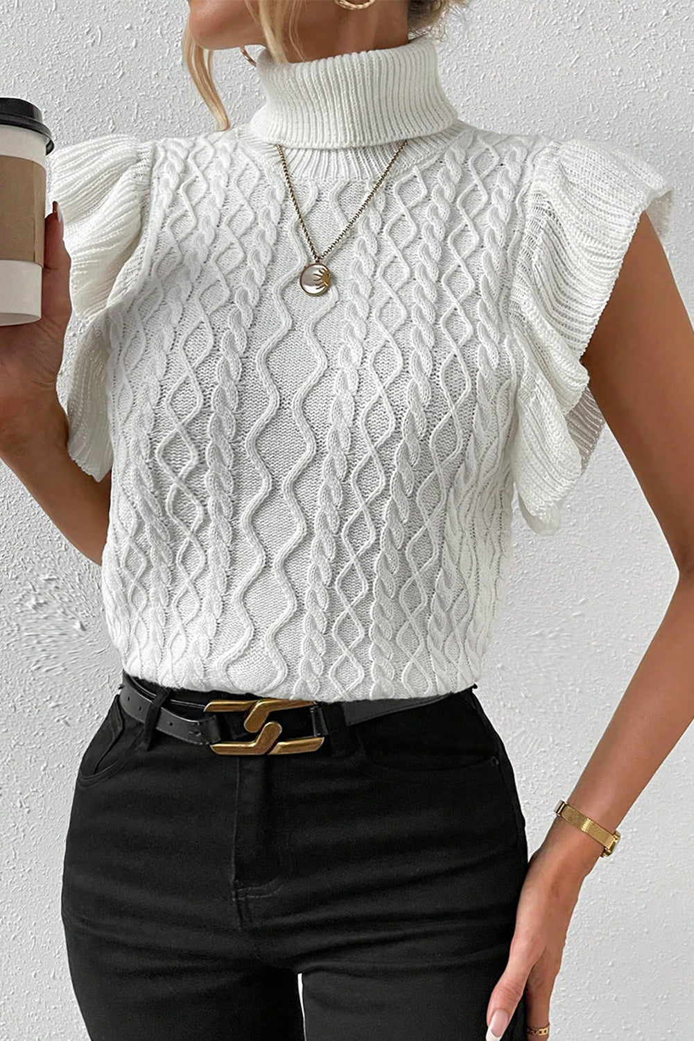 Turtle Neck Short Sleeve Cable Knit Ruffled Sweater | White